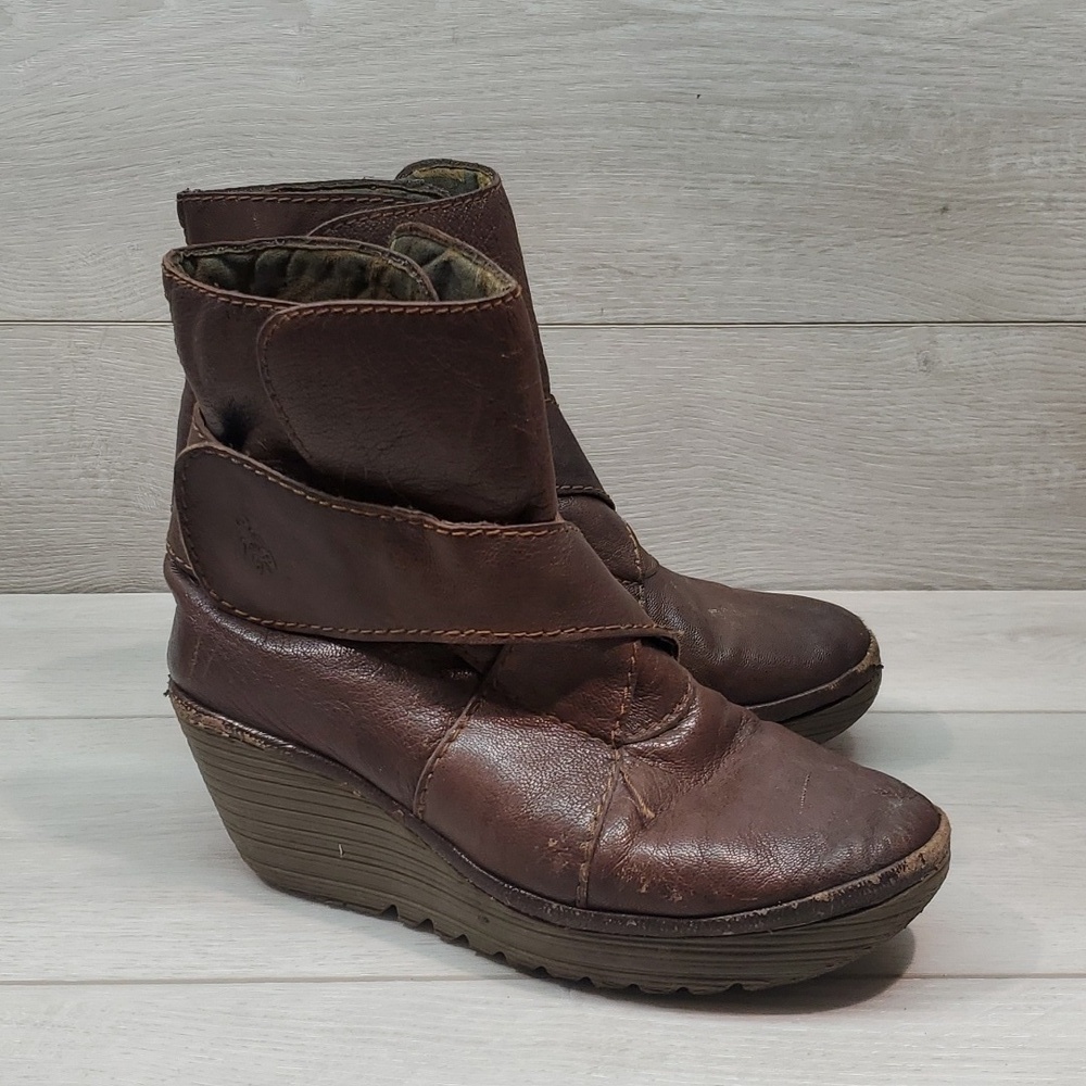 Fly London Women Ankle Leather Wedge Boots shoes sz 39/8